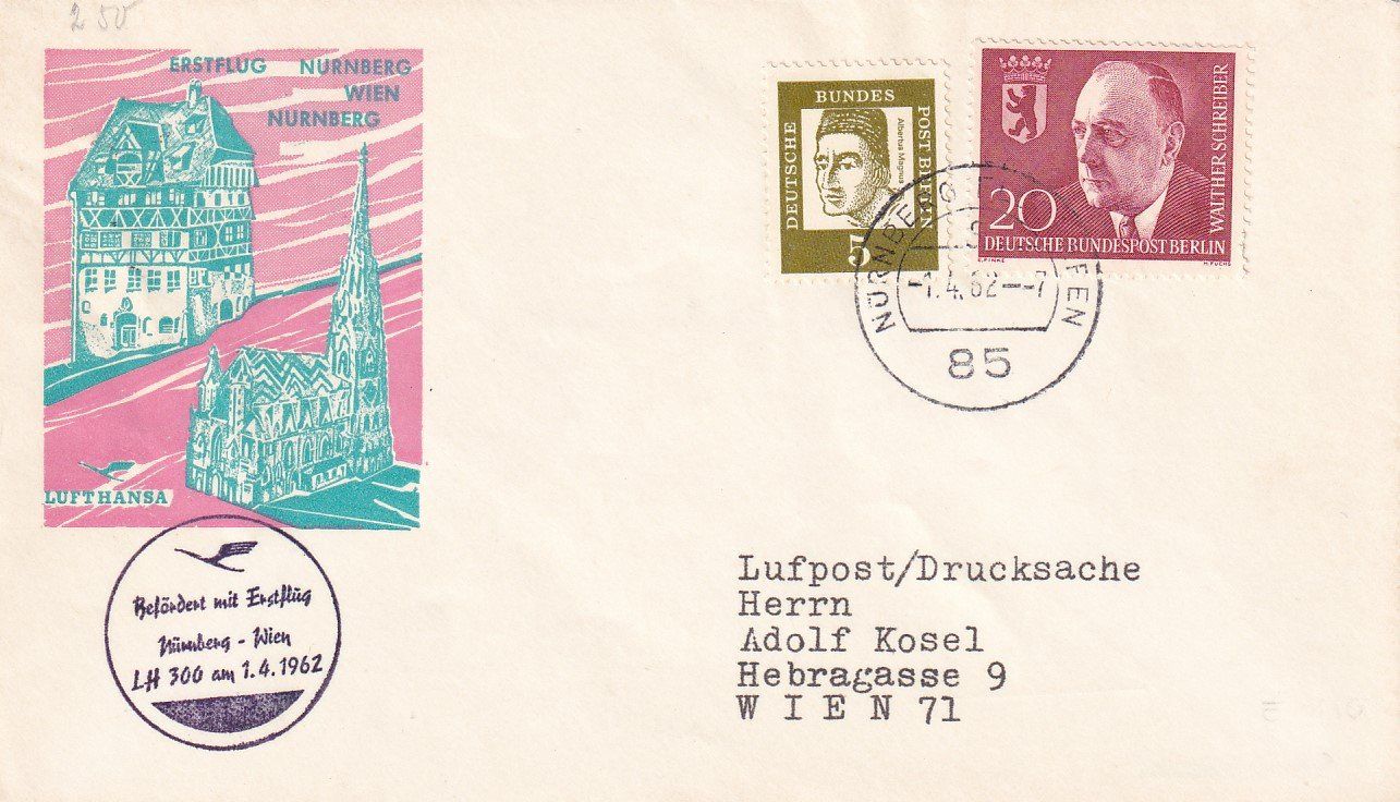 Tutti i francobolli: Erstflug Lufthansa Nürnberg - Wien 1962 – Usato da Baar venduto da Asmara111