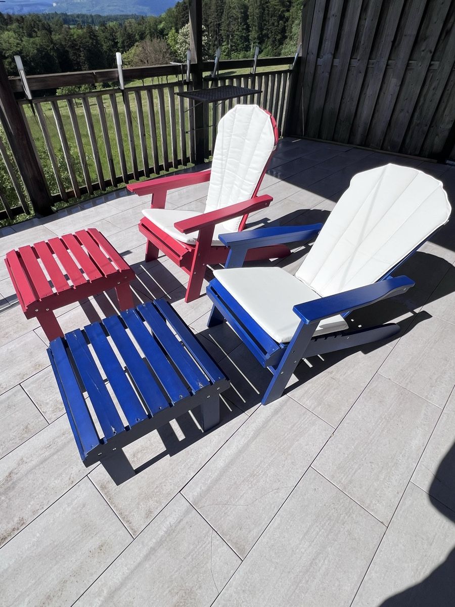 Pfister Poltrone: 2 Stk. Gartensessel "Kanada" mit Hocker, Rot/Blau – Usato da Bützberg venduto da ben_2fvf 3