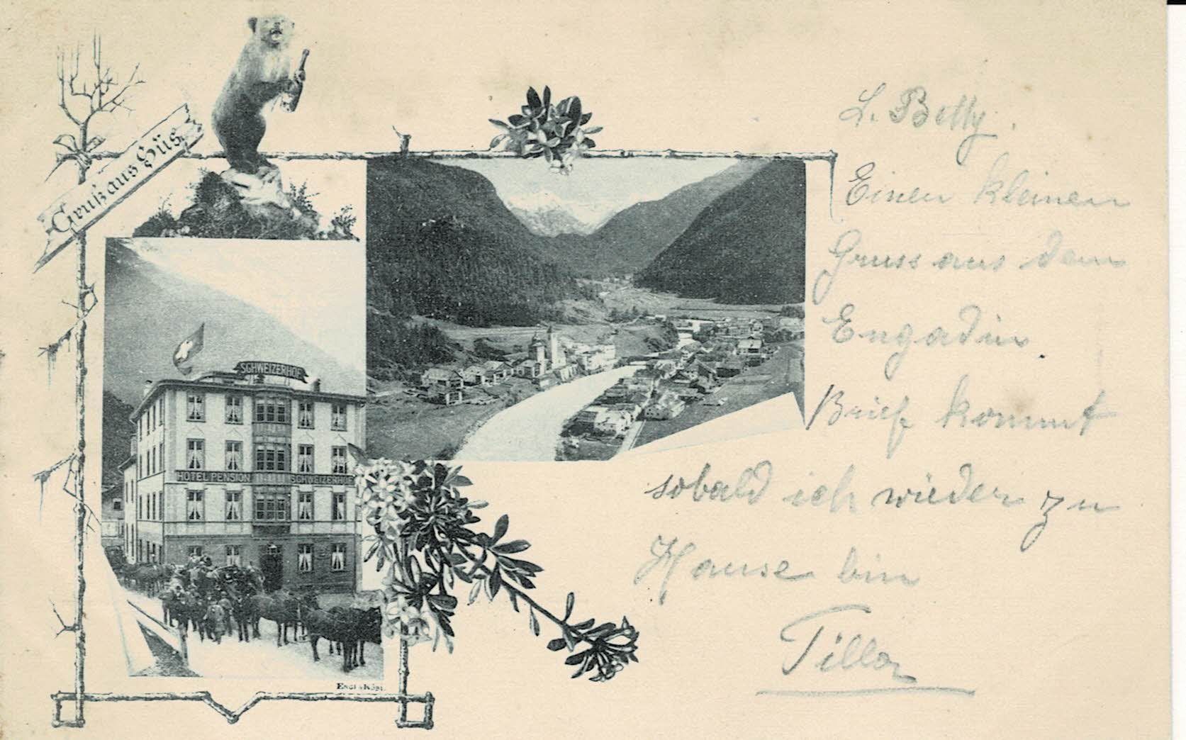 Cartoline postali: Gruss aus SÜS mit Hotel Schweizerhof GR gel. 1908? – Usato da Hergiswil NW venduto da Kartenfrau