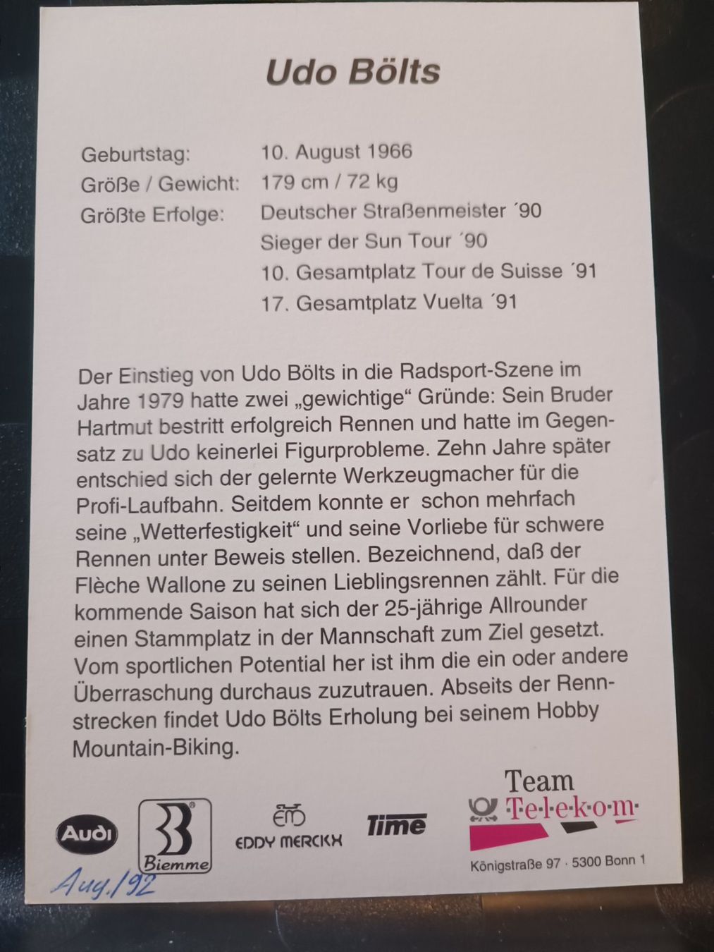 Autogramme: Udo Bölts - Radsport - Handsigniert – Gebraucht aus Menziken von Artographs 1