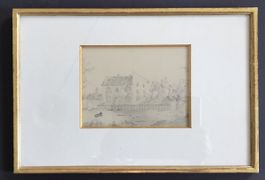 Dessin au crayon, maison ancienne avec jardin, encadré 1900
