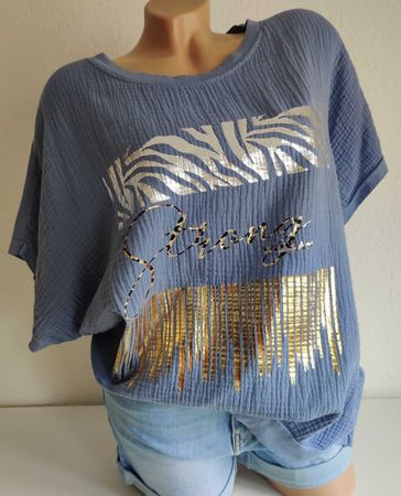Musselin Shirt Bluse neu Leo-Print EG 44/46 AA 66 cm Blau BW