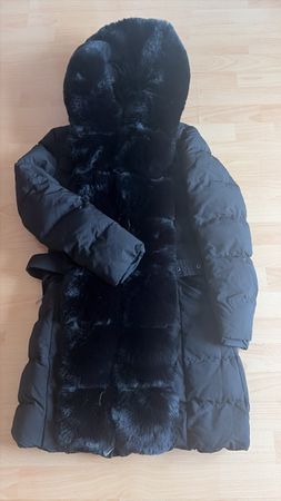 Damen Wintermantel schwarz mit Kunstfell Kapuze neuwertig S