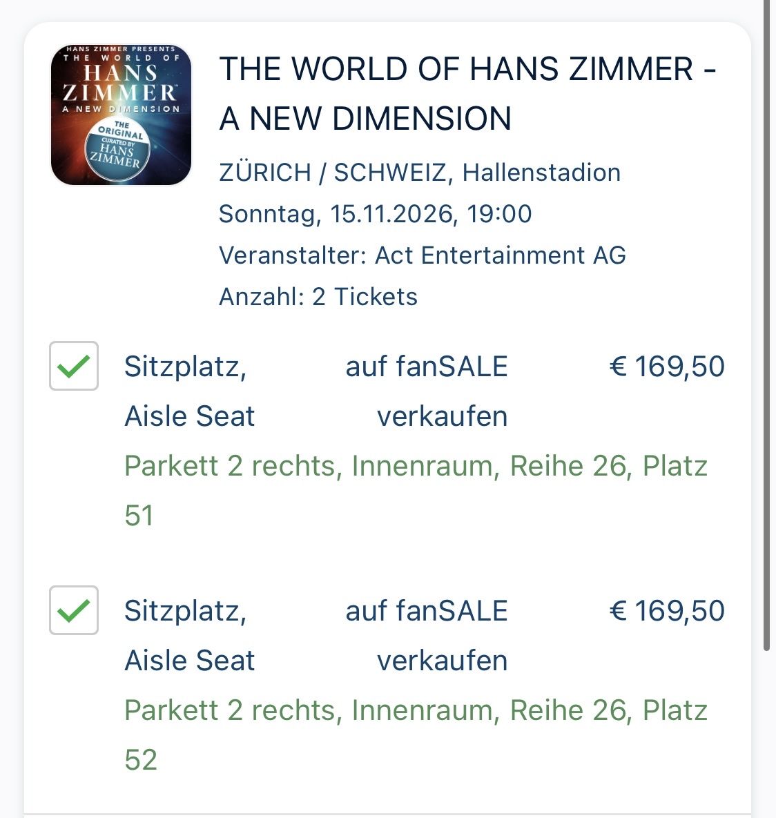 Biglietti: Original Hans Zimmer Konzert – Nuovo (secondo la descrizione) da Urdorf venduto da 21071966