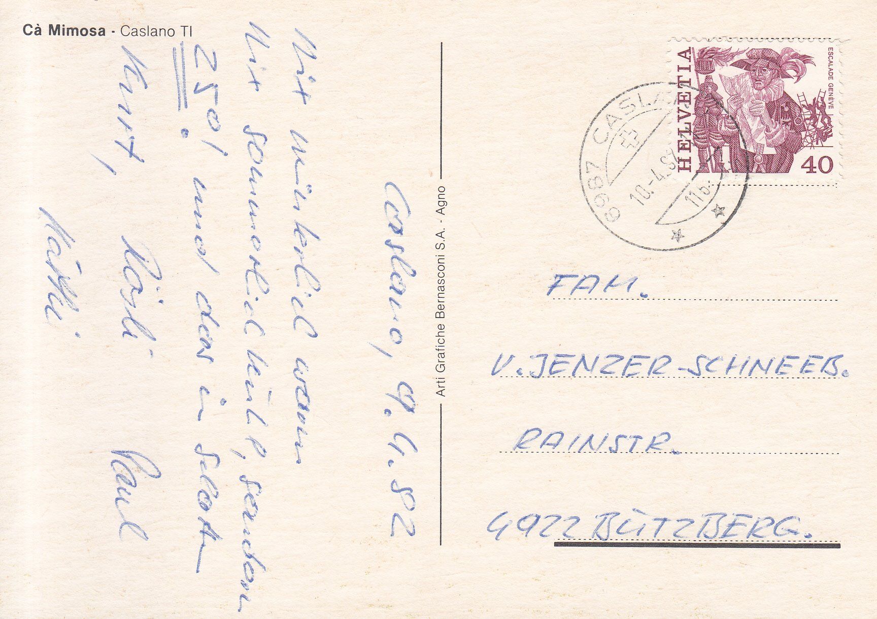 Cartoline postali: Caslano Mimosa 1982 – Usato da Bürglen TG venduto da StampGraf 1