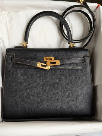 Hermes Kelly 25 Black Gold Bghw Epsom Sellier U HSS Stamp
