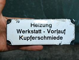 antik Emailschild HEIZUNG kupferschmiede emaille ca 16 x6cm