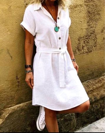 Shirt Dress White Linen Look With Belt Short Sleeve