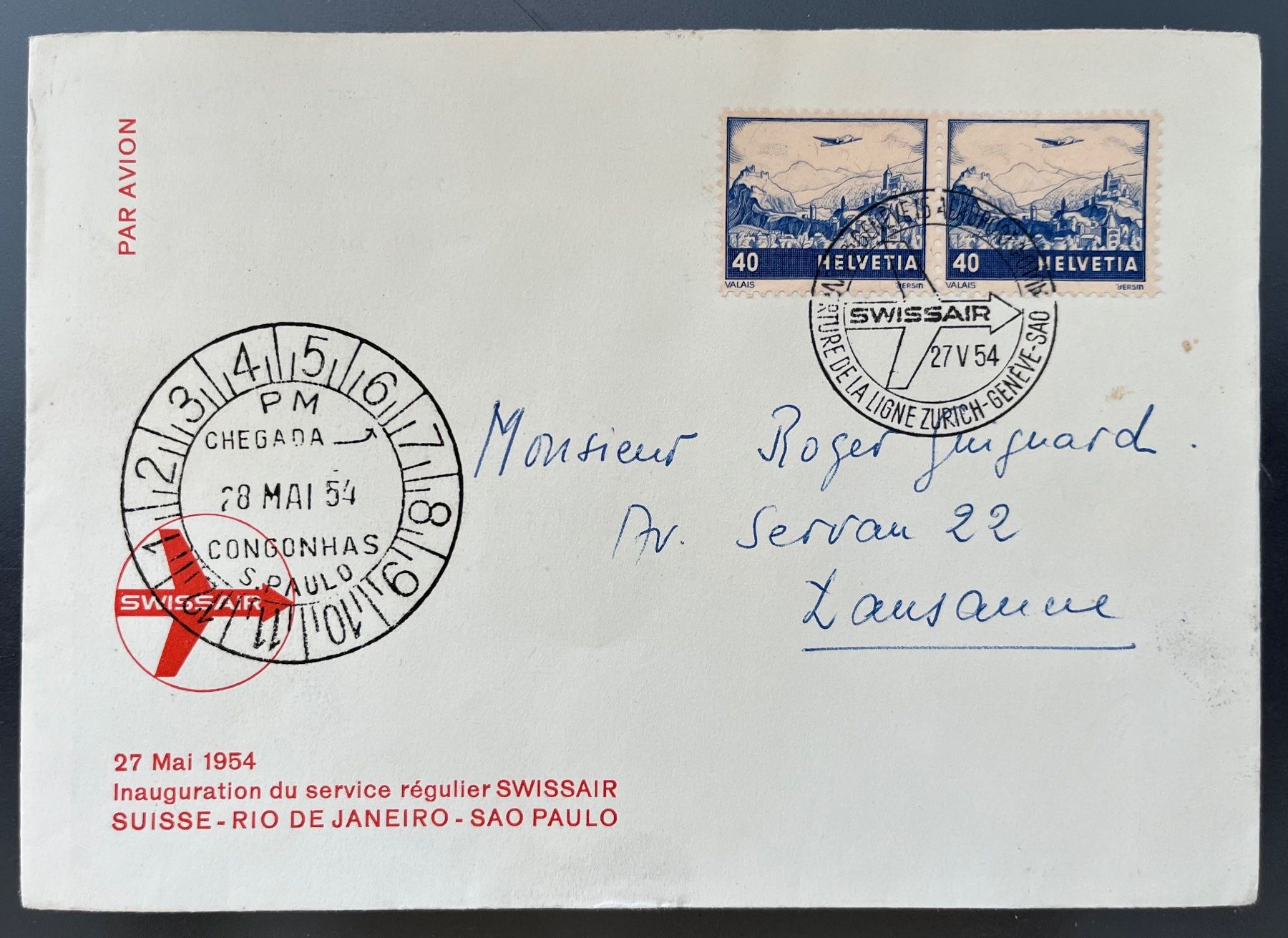 Couverts & Versandtaschen: Swissair Einführungsflug Couvert 1954 – Gebraucht aus Brüttisellen von Mikelson