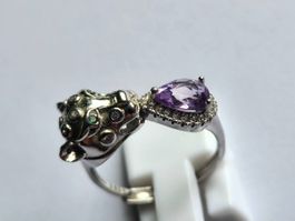 Panther Silberring mit Echtstein 925 Silber Verstellbar