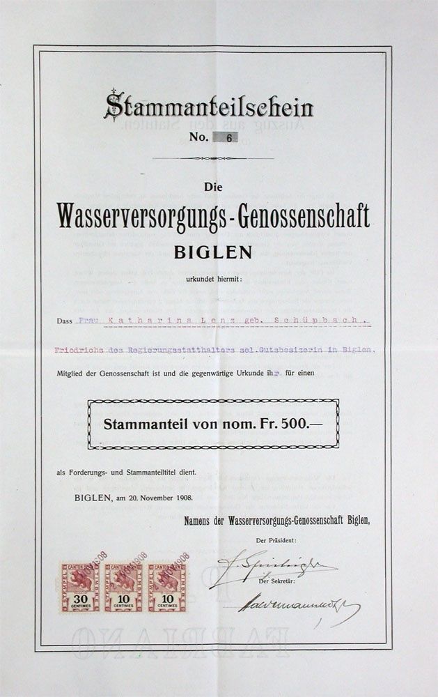 Dokumente: Wasserversorgungs-Genossenschaft Biglen - 1908 – Gebraucht aus Solothurn von Sgasche