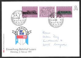 Eisenbahn Sonderbrief S. 1413 Luzern neuer Bahnhof 5.2.1991