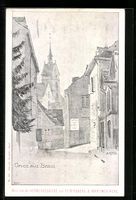 Basel, Strassenpartie mit Uhrturm