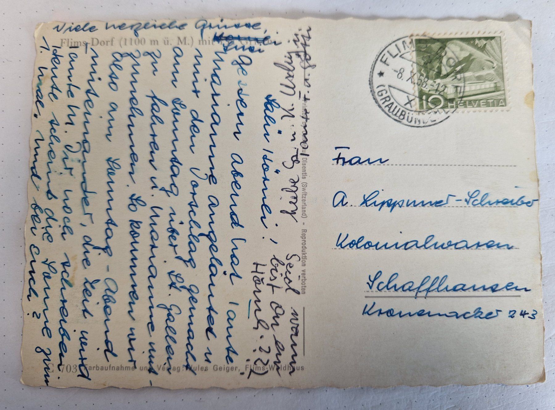 Cartoline postali: Flims Dorf 1958 – Usato da Melchnau venduto da Fishel 1