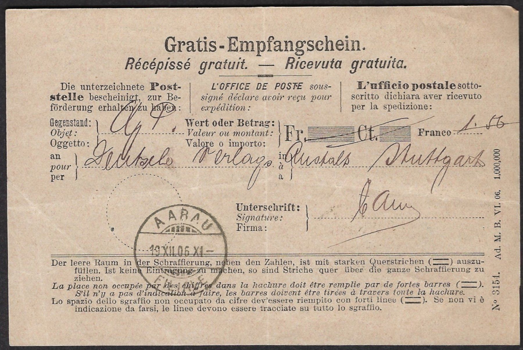 Documenti: Empfangsschein, 1906 – Usato da Luzern venduto da Einh0rn