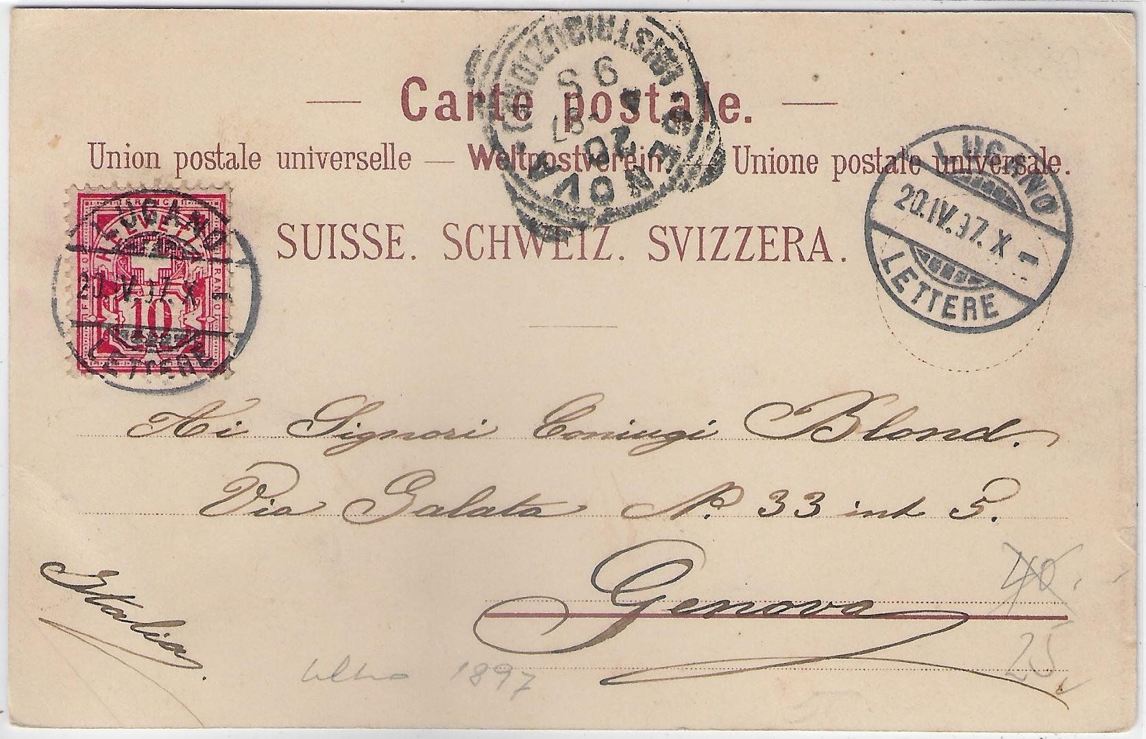 Cartoline postali: Souvenir de Lugano - Litho 1897 – Usato da Ettingen venduto da Kartenplanet 1