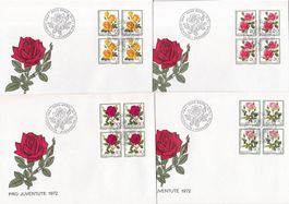 1972_ALLE ROSEN PRO JUVENTUTE im Viererblock komplett!_FDC !