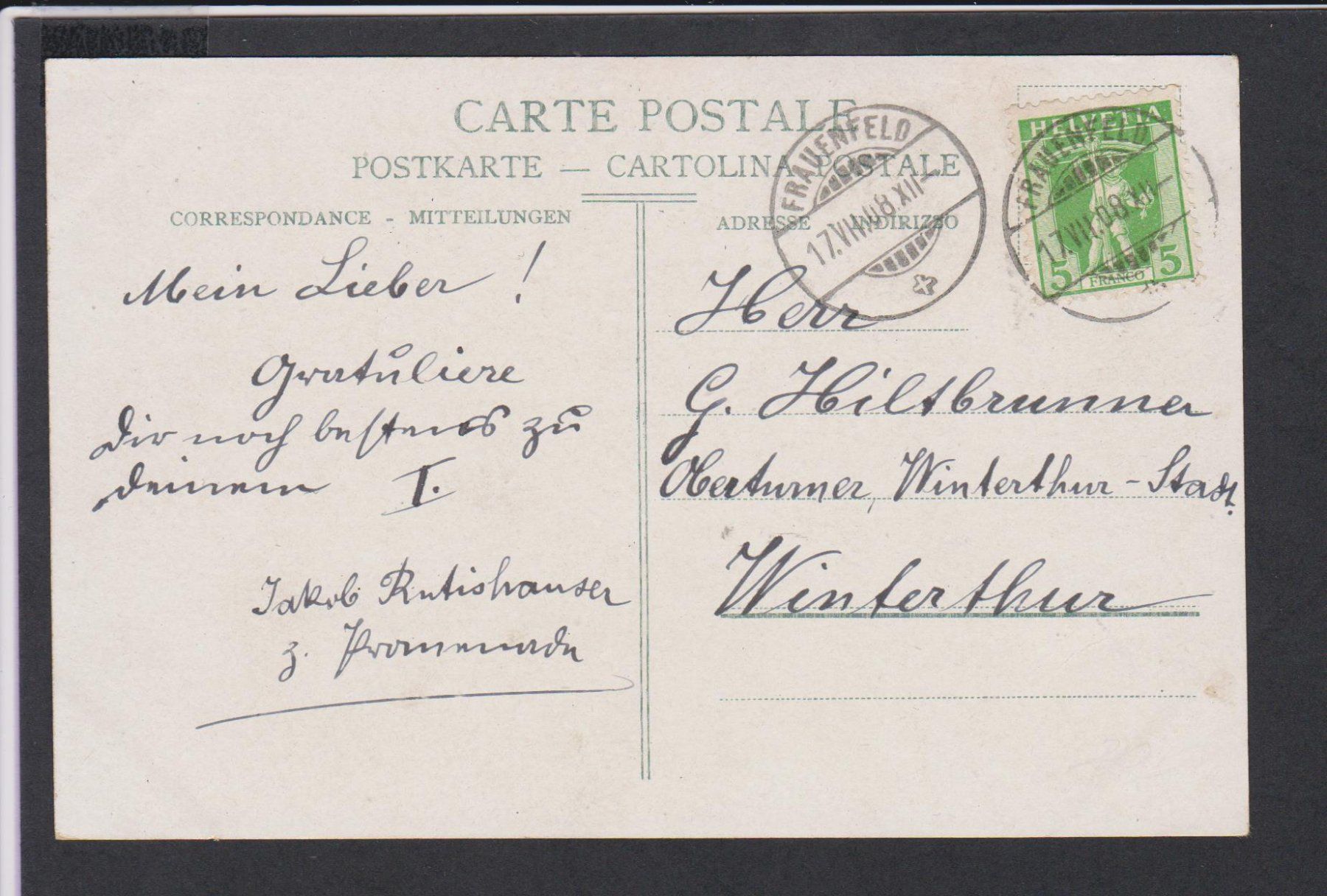 Ansichtskarten: Frauenfeld  -    Litho 2-Bild gestempelt 1908 – Gebraucht aus Vitznau von  3