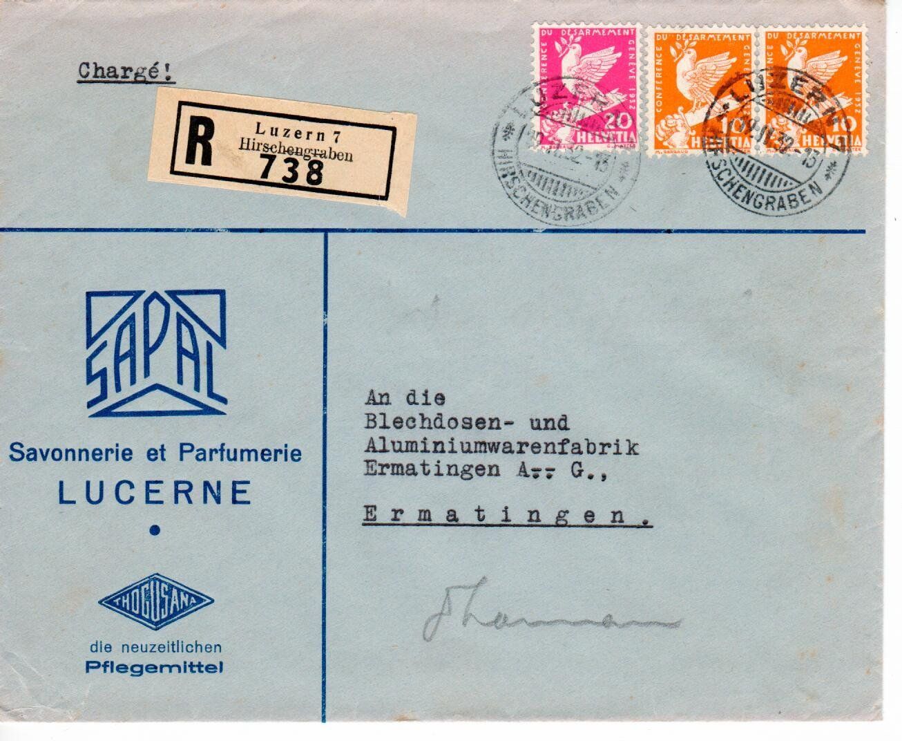 Tutti i francobolli: R - Brief, Savonnerie et Parfumerie Lucerne 1932 – Usato da Wolhusen venduto da Curver9