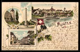 Lithographie Murten, Vue générale, Obelisk, Post
