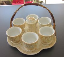 Mid Century Keramik-Set, Eierbecher, Salzstreuer, Tablett