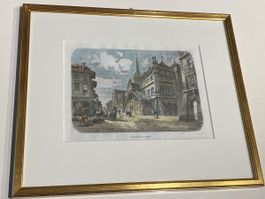 Antiker Holzstich, RATHAUS IN BERN 1880, koloriert