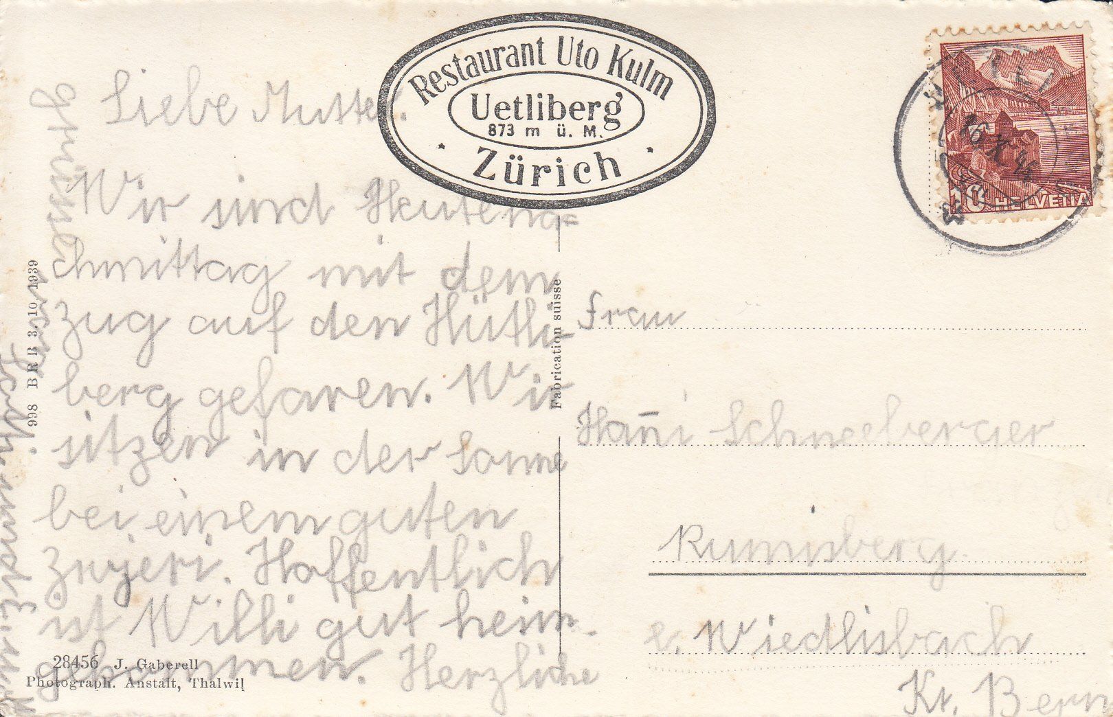Cartoline postali: Zürich v. Uto Kulm 1945 – Usato da Bürglen TG venduto da StampGraf 1