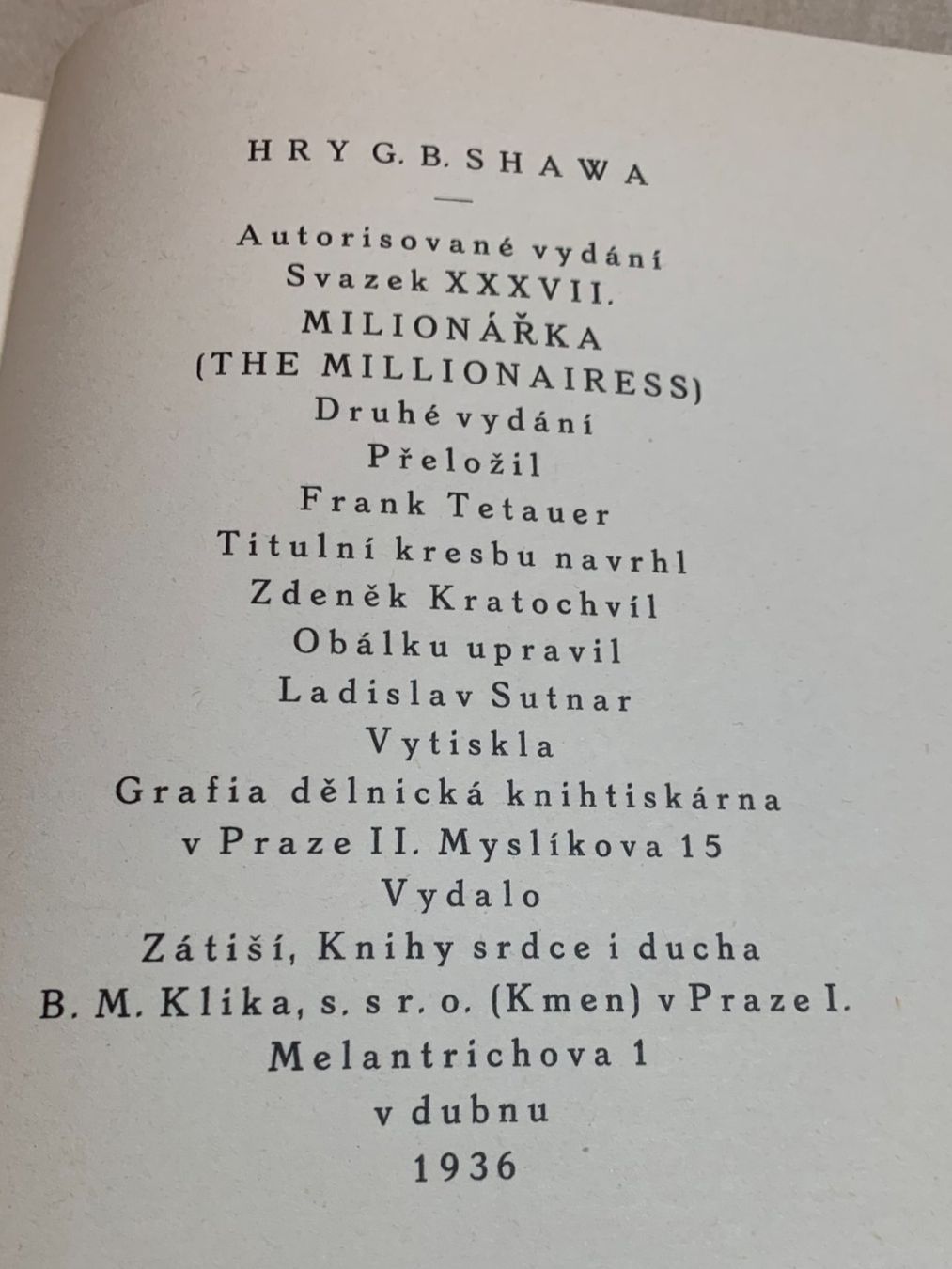 Libri: Cecoslovacchia - "G.B. Shaw" -  "Milionarka" 1936 – Usato da Sorengo venduto da 74in 2