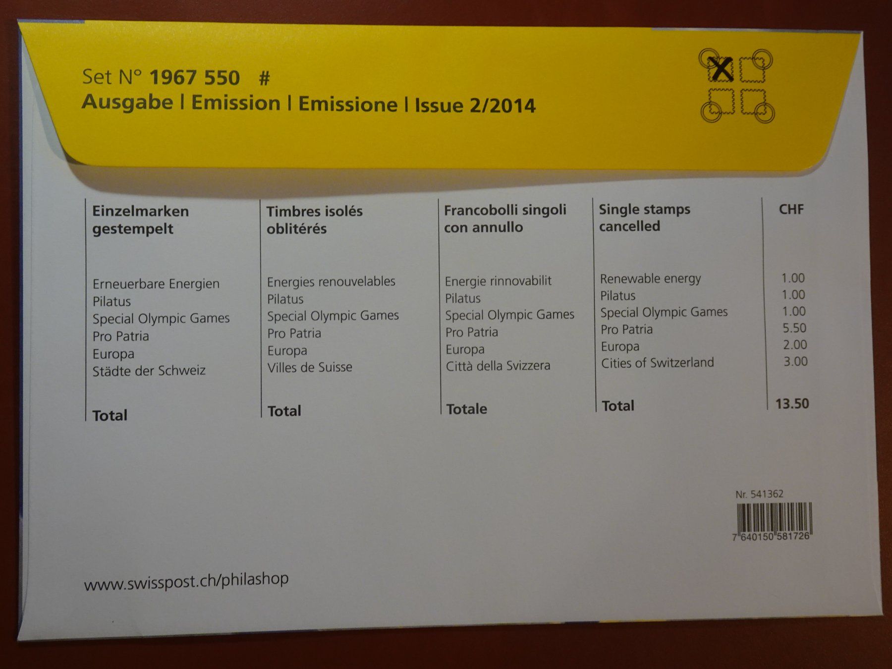 Tutti i francobolli: 2014 EMISSION2, ERSTTAG AUS ABO, POSTPREIS Fr 13.50 Ab - 50% – Usato da Eschenbach SG venduto da eDaisy 1