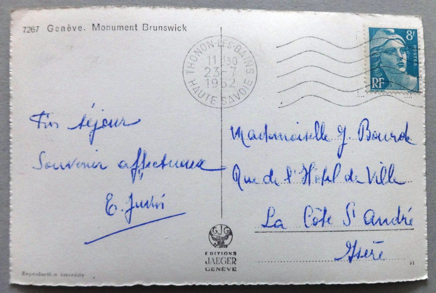 Cartoline postali: Genève - Monument Brunswick – Usato da Fétigny venduto da Billy2miny 1