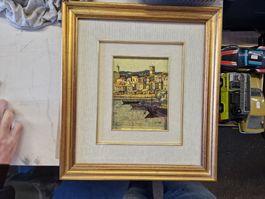 Gemälde Tessinerdorf Chromolithografie auf 23 Karat Bl. Gold