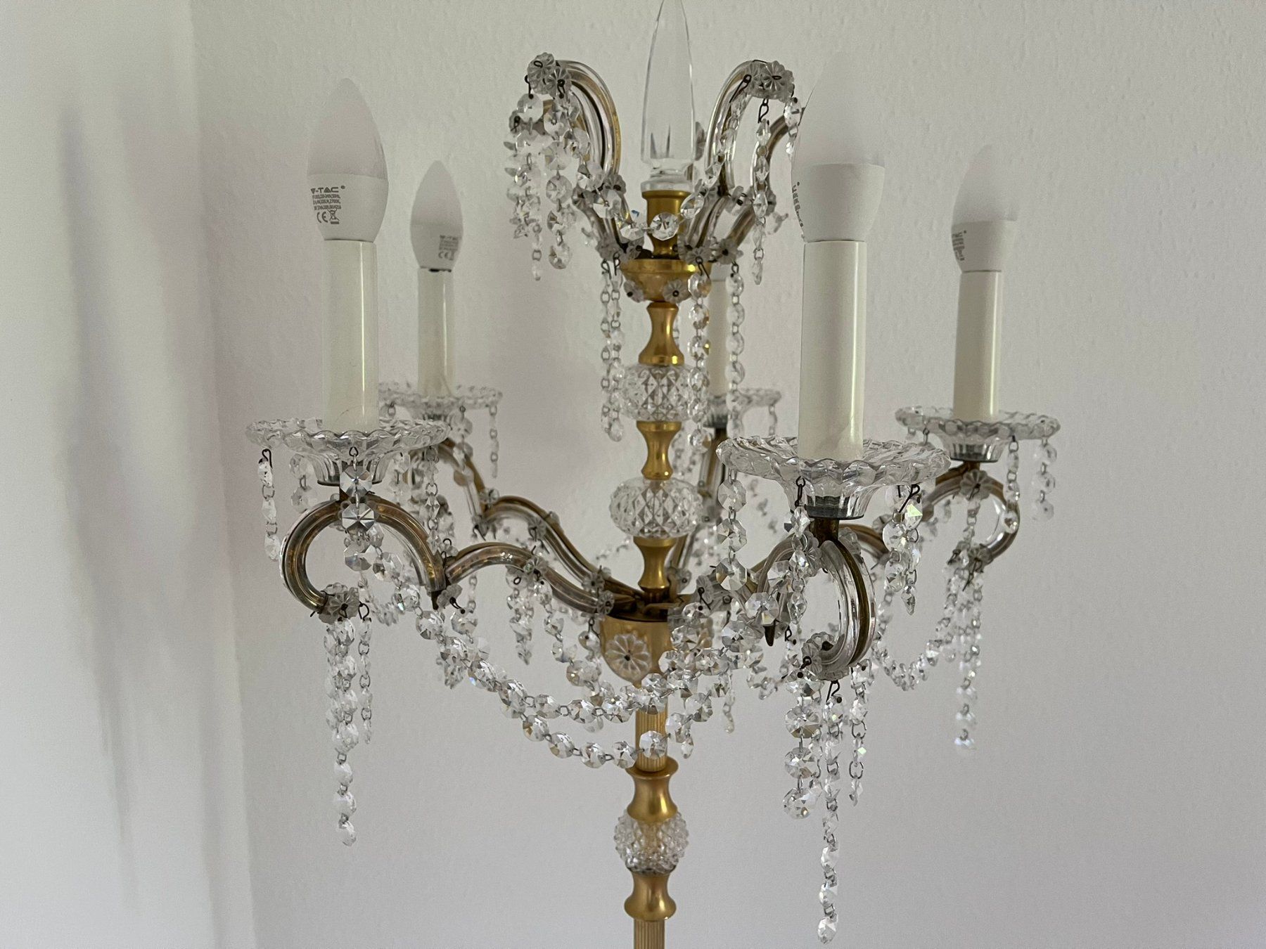Lampen: Messing-Stehlampe, 5-armig mit Kristallbehang – Gebraucht aus Basel von Lancer4
