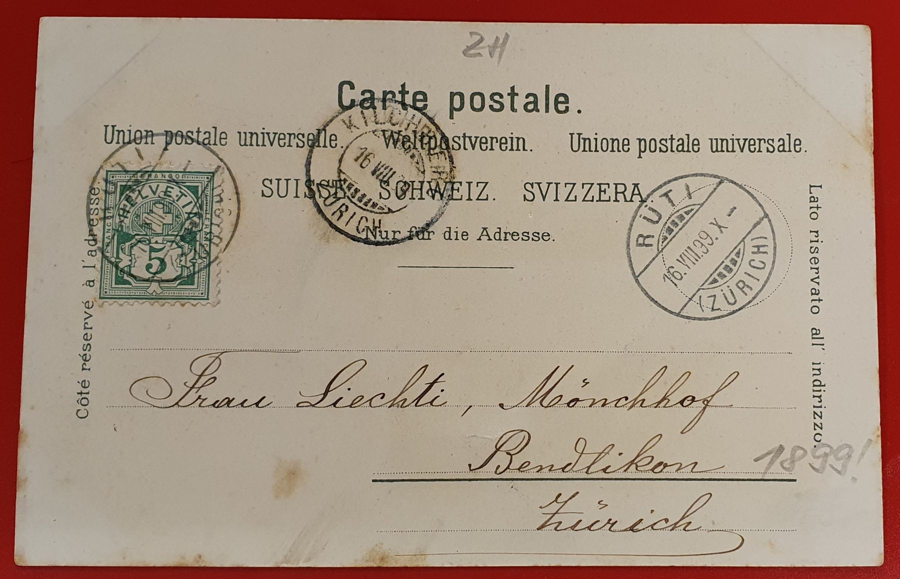 Cartoline postali: Rüti ZH 1899 – Usato da Kreuzlingen venduto da Rschweiz1 1