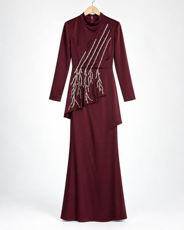 Elegantes Abendkleid Bordeaux Gr. 42 mit Glitzerapplikatione