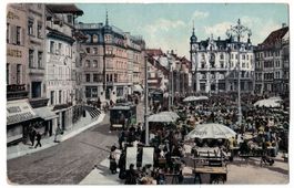 Basel, Markplatz, stark belebt, Tram, gelaufen 1908