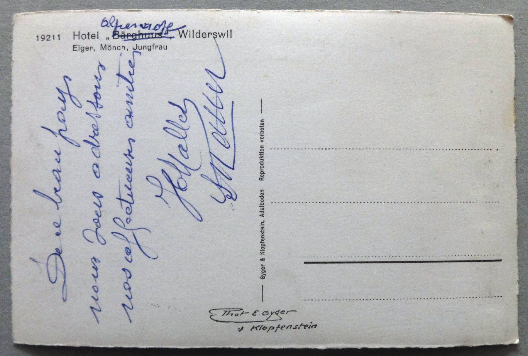 Cartoline postali: Hotel "Bärghuus", Wilderswil – Usato da Fétigny venduto da Billy2miny 1