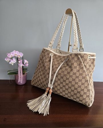 Gucci Tasche Hobo Canvas Monogram Beige/Weiss guter Zustand