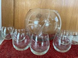Bowlegefäss aus Glas mit 8 Gläsern und Schöpflöffel