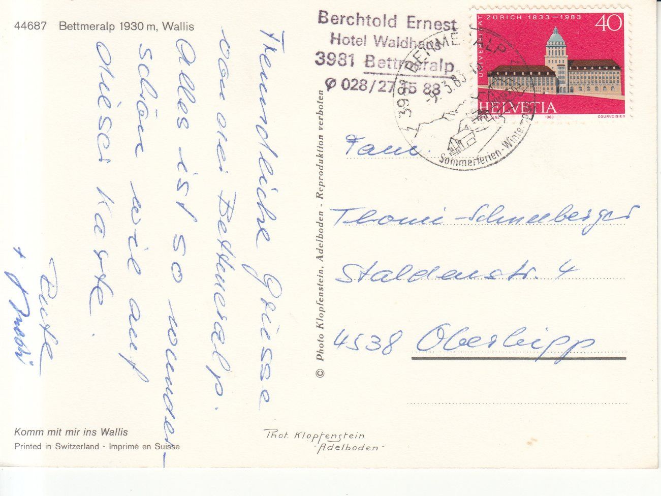 Cartoline postali: Bettmeralp 1983 – Usato da Bürglen TG venduto da StampGraf 1