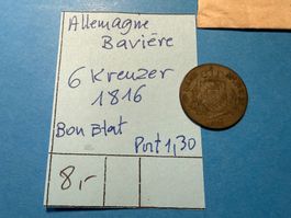 ALLEMAGNE BAVIERE : 6 KREUZER 1816 - bon état