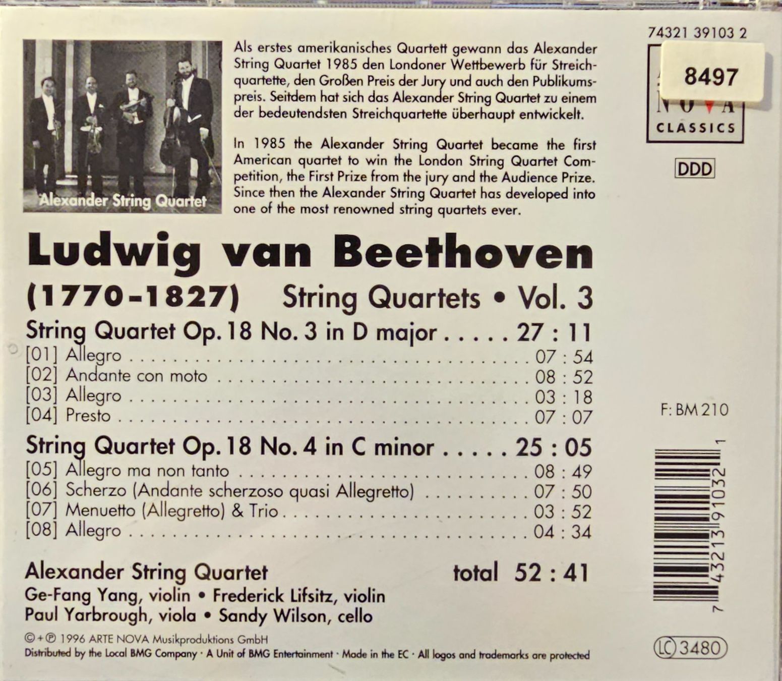 CD: Ludwig van Beethoven - String Quartets Vol 3 - Op. 18 Nos. 3 – Usato da Wahlen b. Laufen venduto da Cg10 1