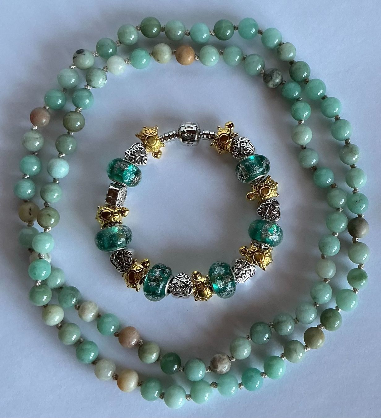 Colliers: SET KETTE ECHTER AMAZONIT UND ARMBAND MIT BEADS MURANO STYLE – Neuf avec emballage d'origine à Berg TG par magginello 3