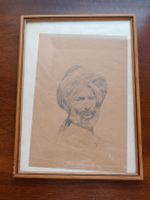 Dessin Original Ancien - Portrait d'Homme au Turban - Signé 