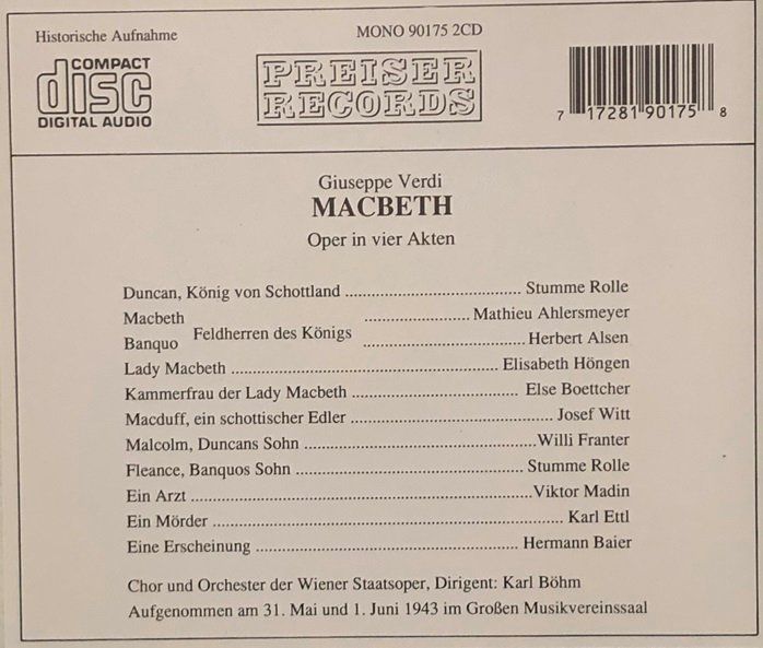 CD: Verdi - Macbeth (1943, Karl Böhm) – Usato da Grüningen venduto da azulblanco 1
