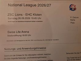 2x Sitzplätze ZSC Lions vs EHC Kloten, Sektor F1 Deluxe
