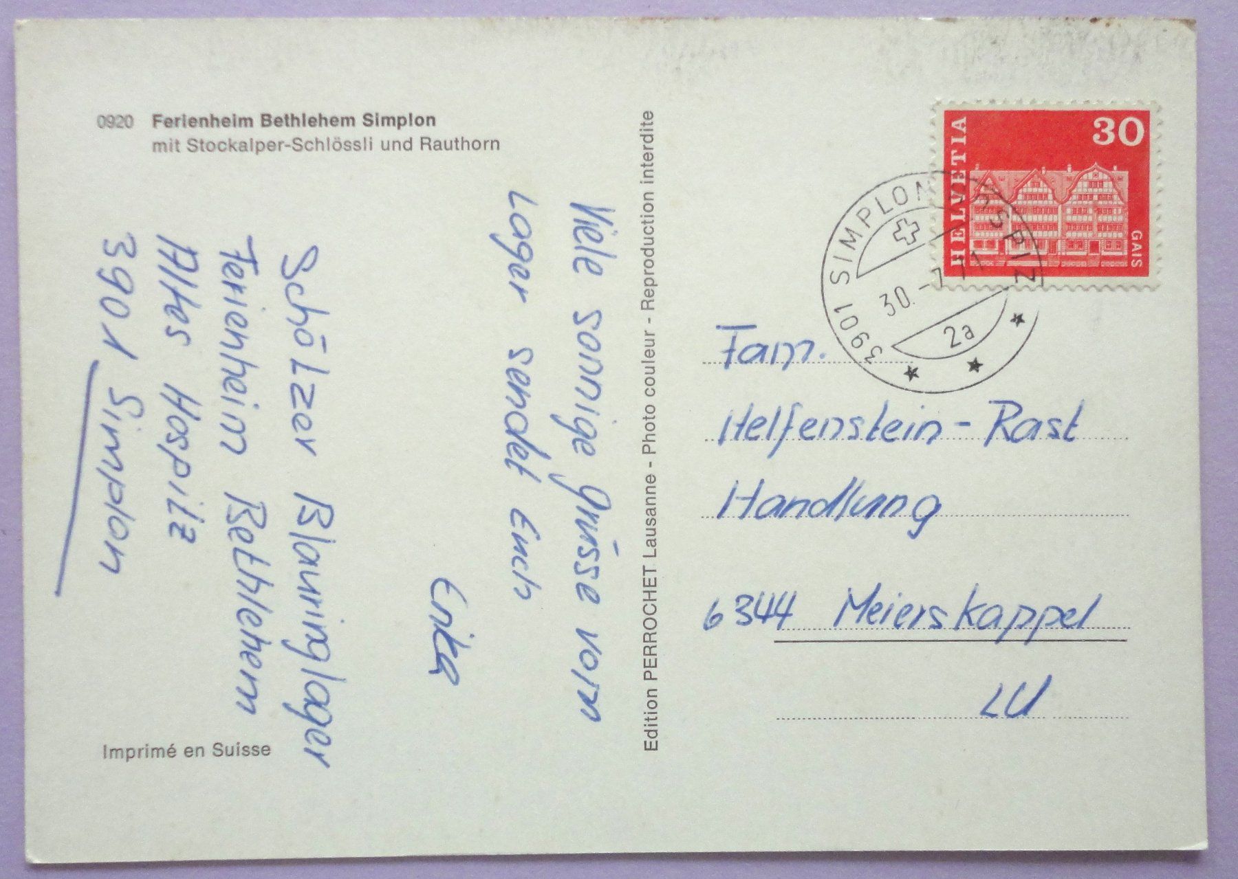 Cartes postales: Ferienheim Bethlehem Simplon – D'occasion à Fétigny par Billy2miny 1