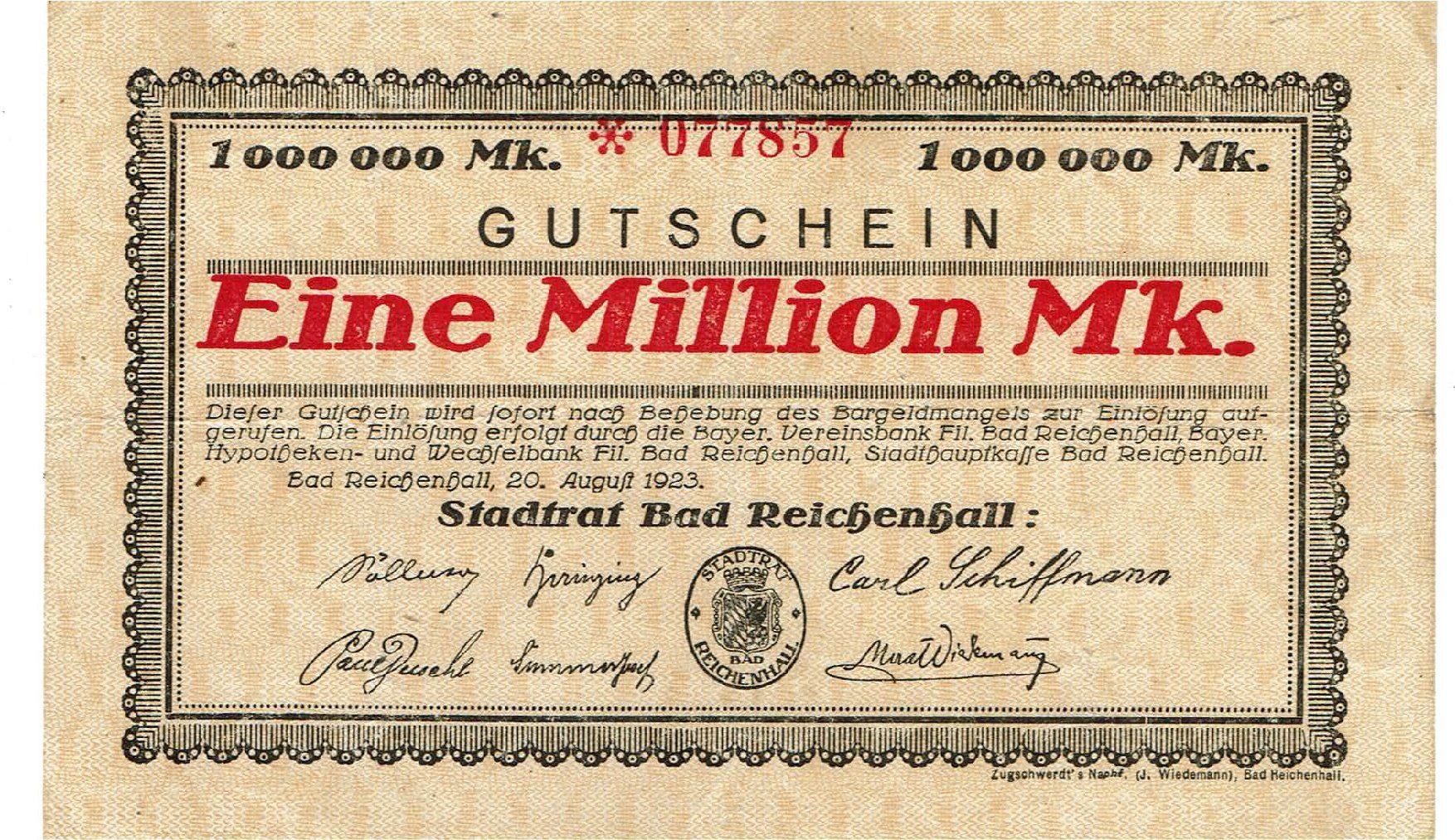 Banconote: Bad Reichenhall 1 Mil.Mark 20.08.1923 SS++-VZ – Usato da Steffisburg venduto da ber_8htf