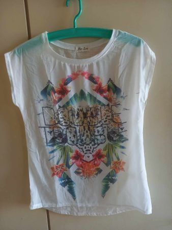 Weisses T-Shirt mit tropischem Aufdruck, Grösse 38