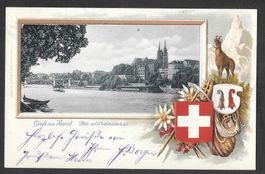 Basel Pfalz mit Wettsteinbrücke Prägekarte mit Wappen