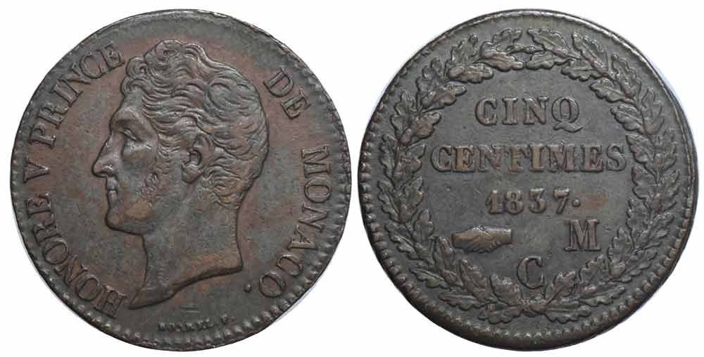 Toutes les monnaies: Monaco, Honoré V, 5 Centimes 1837 C – D'occasion à Chiasso par Novamarketing